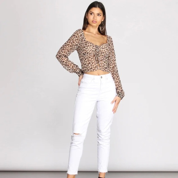 Windsor Sheer Cheetah Print Lace Up Blouse - Picture 4 of 11